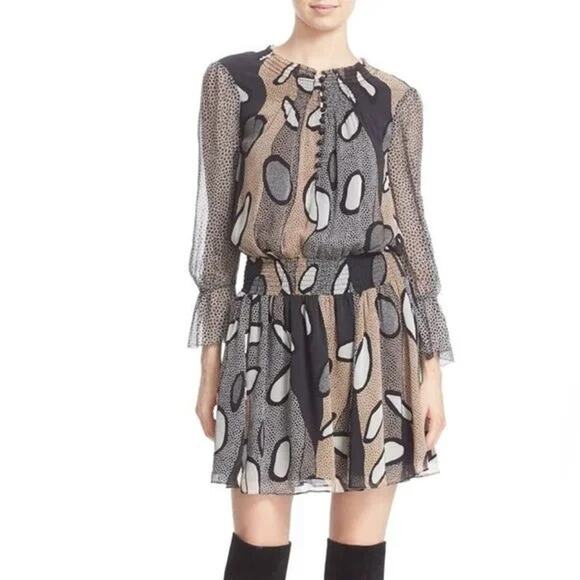 Diane Von Furstenberg DVF NWT Kelley Brown Black Printed 100% Silk Blouson Dress - Picture 1 of 15